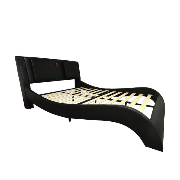 Upholstered Platform Bed Frame With LED Lighting, Bluetooth Connection To Play Music Control, Backrest Vibration Massage, Curve Design, Wood Slat Support, Exhibited Speakers Upholstered Platform Bed Frame With LED Lighting, Bluetooth Connection To Play Music Control, Backrest Vibration Massage, Curve Design, Wood Slat Support, Exhibited Speakers