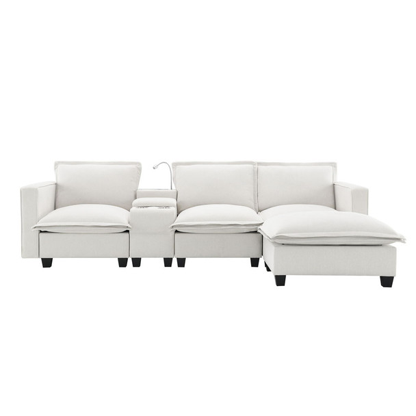 Modern Sectional Cloud Sofa With Console USB Charger Reading Light Cup Holder, Wide Seat 4 Seat Modular Couch Storable Indoor Funiture