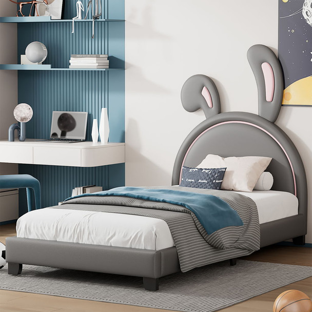 Upholstered Leather Platform Bed With Rabbit Ornament Upholstered Leather Platform Bed With Rabbit Ornament
