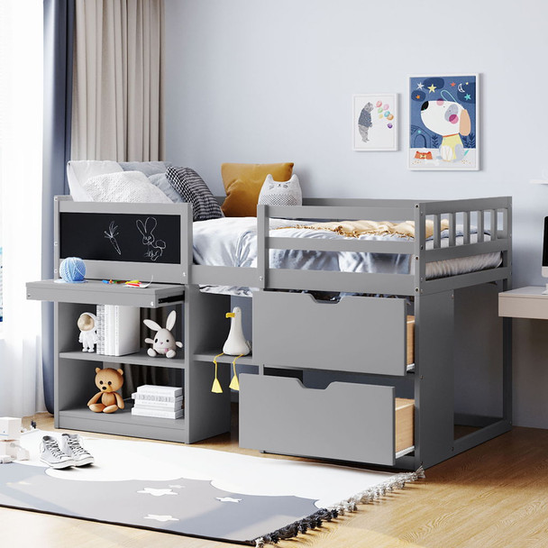 Low Loft Bed With Rolling Desk, Shelf And Drawers Low Loft Bed With Rolling Desk, Shelf And Drawers