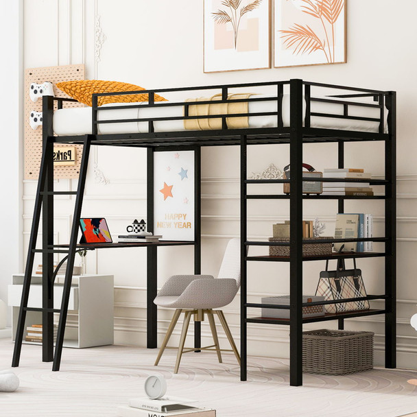 Loft Metal Bed With 3 Layers Of Shelves And Desk, Stylish Metal Frame Bed With Whiteboard Loft Metal Bed With 3 Layers Of Shelves And Desk, Stylish Metal Frame Bed With Whiteboard