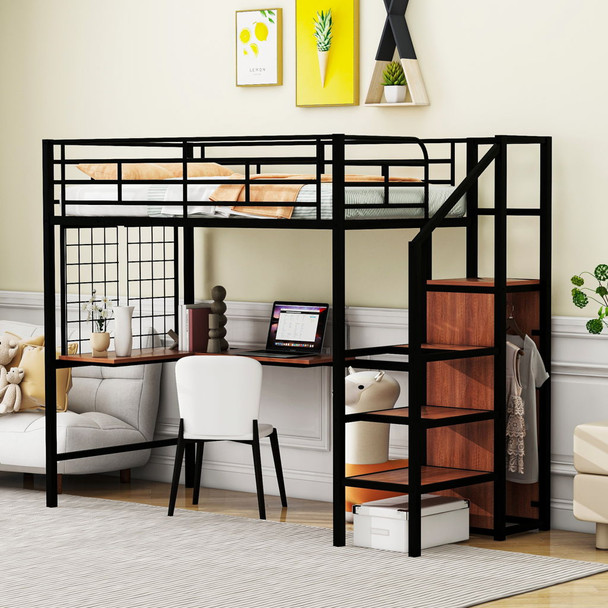 Loft Bed With Desk And Grid, Stylish Frame With Lateral Storage Ladder And Wardrobe Loft Bed With Desk And Grid, Stylish Frame With Lateral Storage Ladder And Wardrobe