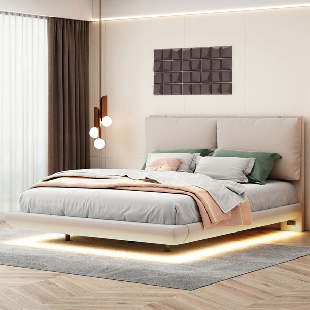 Upholstered Platform Bed With Sensor Light And 2 Large Backrests, With 2 Sets Of USB Port And Socket On Each Rear Bed Leg Upholstered Platform Bed With Sensor Light And 2 Large Backrests, With 2 Sets Of USB Port And Socket On Each Rear Bed Leg