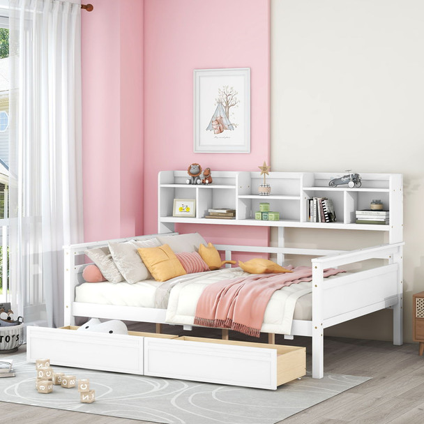 Daybed, Wood Slat Support, With Bedside Shelves And Two Drawers Daybed, Wood Slat Support, With Bedside Shelves And Two Drawers