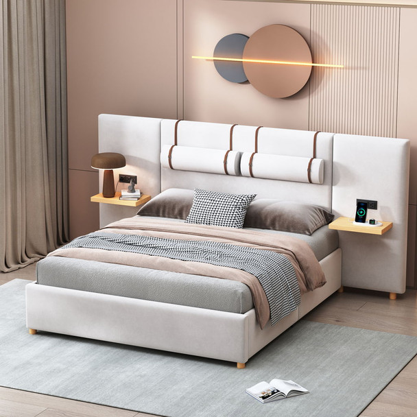 Upholstered Platform Bed, 2 Outlets And USB Charging Ports On Both Sides, 2 Bedside Pillows, Storage Shelves Upholstered Platform Bed, 2 Outlets And USB Charging Ports On Both Sides, 2 Bedside Pillows, Storage Shelves
