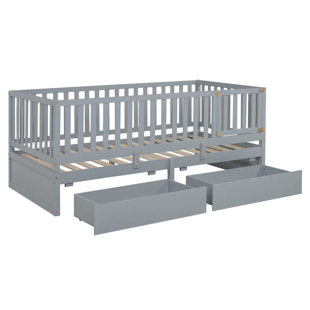 Daybed With Fence Guardrails And 2 Drawers, Split Into Independent Floor Bed & Daybed Daybed With Fence Guardrails And 2 Drawers, Split Into Independent Floor Bed & Daybed