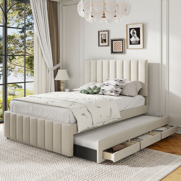 Upholstered Platform Bed With Twin Size Trundle And 3 Drawers Upholstered Platform Bed With Twin Size Trundle And 3 Drawers