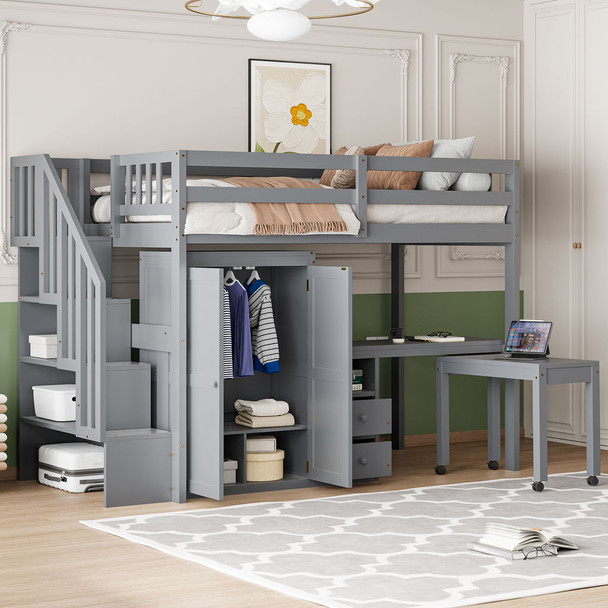 Loft Bed With Stairs, Bookshelf, Drawers, Desk & Wardrobe, Space Saving Multifunctional Furniture Loft Bed With Stairs, Bookshelf, Drawers, Desk & Wardrobe, Space Saving Multifunctional Furniture
