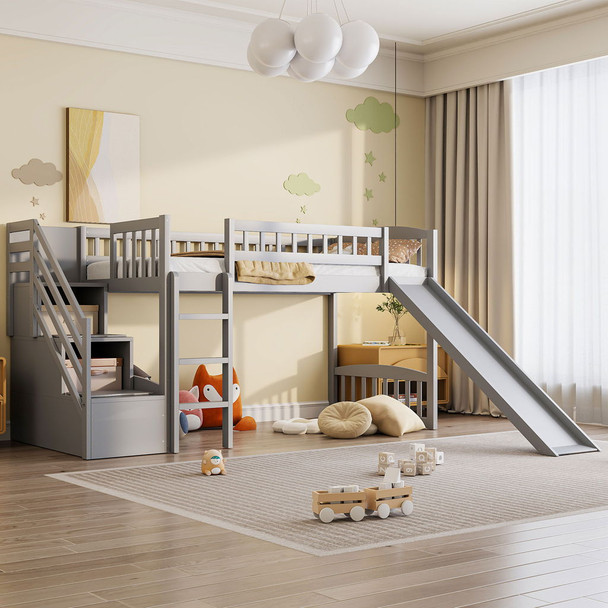 Loft Stairway Bed With 2 Drawers, Convertible Ladder And Slide Loft Stairway Bed With 2 Drawers, Convertible Ladder And Slide