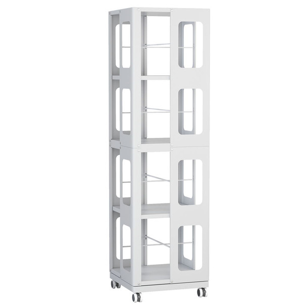 4 Tier All Steel Rotating Bookshelf With 360° Wheels, Large Size Sturdy & Spacious Book Rack, New Style Bookshelf - White