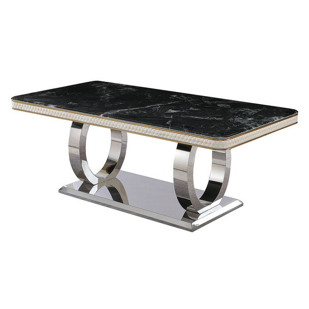 Luxury Modern Dining Table With Faux Marble Top And Dual Circle Base - Black Luxury Modern Dining Table With Faux Marble Top And Dual Circle Base - Black