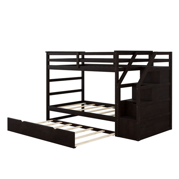 Twin Over Twin Bunk Bed With Twin Size Trundle And 3 Storage Stairs - Espresso Twin Over Twin Bunk Bed With Twin Size Trundle And 3 Storage Stairs - Espresso
