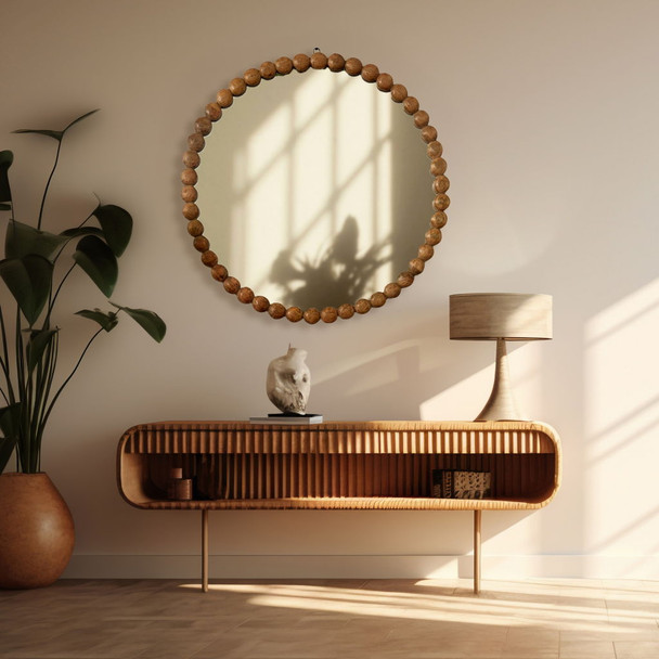 Decorative Round Hanging Wall Mirror With Bead Design Frame - Natural Decorative Round Hanging Wall Mirror With Bead Design Frame - Natural