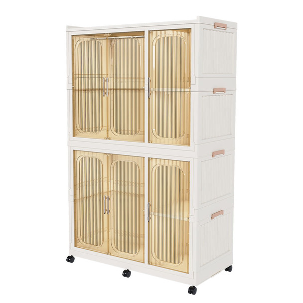 Portable Wardrobe Closet Storage Organizer For Clothes, 6 Magnetic Doors With 6 Cubes & 2 Hanging Rods, 6 Hangers - Cream White