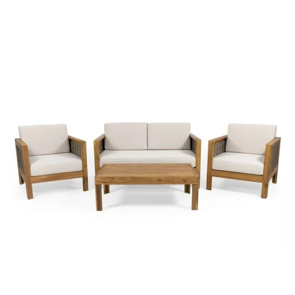 Outdoor 4 Seater Acacia Wood Chat Set With Wicker Accents And Cushions - Teak / Mixed Brown / Beige Outdoor 4 Seater Acacia Wood Chat Set With Wicker Accents And Cushions - Teak / Mixed Brown / Beige