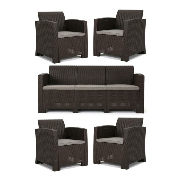 Outdoor Faux Wicker Rattan Style Chat Set With Water Resistant Cushions, 5 Pieces Set - Brown / Mix Beige Outdoor Faux Wicker Rattan Style Chat Set With Water Resistant Cushions, 5 Pieces Set - Brown / Mix Beige