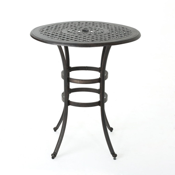 Traditional Style Cast Aluminum Bar Table With Lattice Design And Umbrella Holder - Bronze