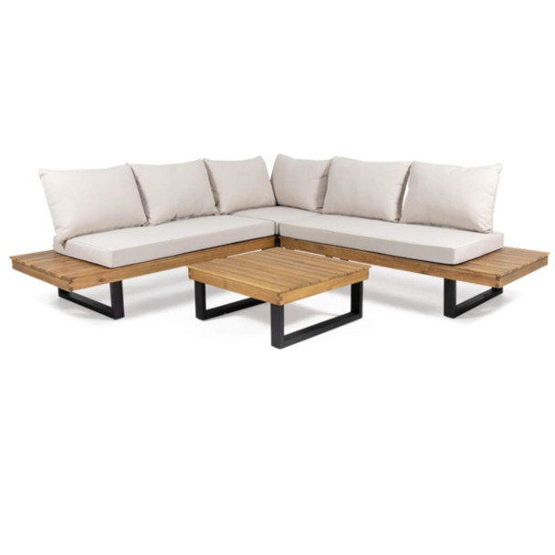 Sebastian - Hand Crafted 4 Piece Sofa Set With Water Resistant Cushions - Beige / Teak