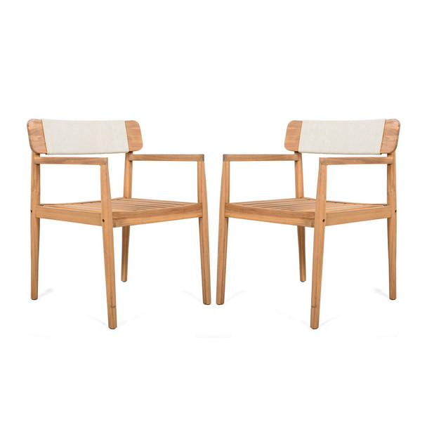 Creative Braided Acacia Wood Outdoor Dining Table And Chairs With Armrests (Set of 2) - Teak / White Creative Braided Acacia Wood Outdoor Dining Table And Chairs With Armrests (Set of 2) - Teak / White