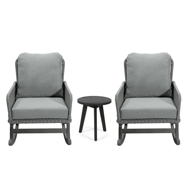 Modern 3 Piece Outdoor Seating Set With Cushioned Rattan Rocking Chairs And Wooden Accent Table