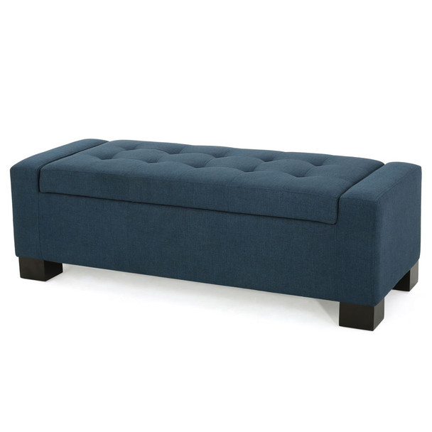 Empower - Button Tufted Waffle Upholstered Storage Ottoman With Wood Legs - Navy Blue