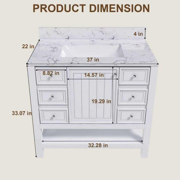 37" Bathroom Vanity, Multi Functional Cabinet With Doors And Drawers, Frame, Single Faucet Hole - White 37" Bathroom Vanity, Multi Functional Cabinet With Doors And Drawers, Frame, Single Faucet Hole - White
