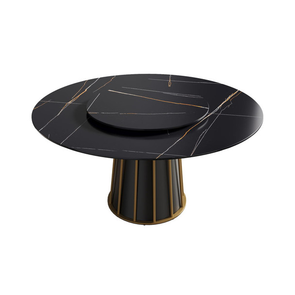 Modern Artificial Stone Round Metal Iron Base Dining Table, Can Accommodate 8 People Artificial Stone Turntable (Not Including Chairs) - Black Modern Artificial Stone Round Metal Iron Base Dining Table, Can Accommodate 8 People Artificial Stone Turntable (Not Including Chairs) - Black