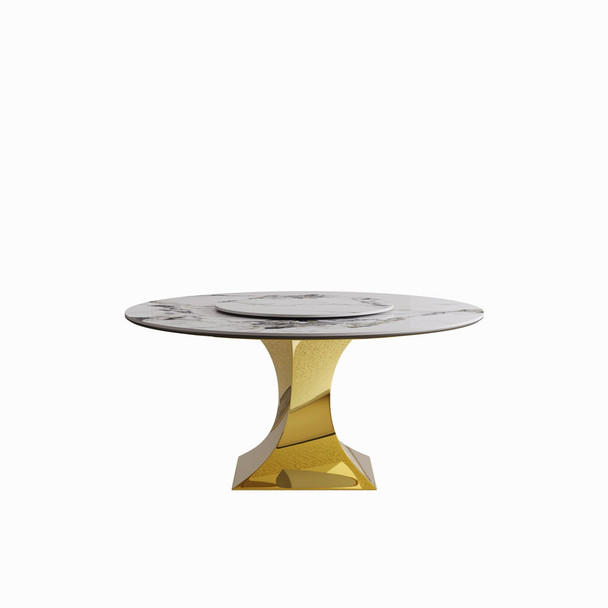Luxury Round 59" Sintered Stone Dining Table With Stainless Steel Hourglass Base, Scratch & Heat Resistant Surface - Golden / White