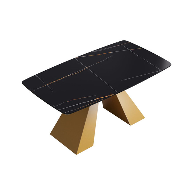 63" Artificial Stone Black Curved Golden Metal Leg Dining Table, 6 People - Black / Gold 63" Artificial Stone Black Curved Golden Metal Leg Dining Table, 6 People - Black / Gold