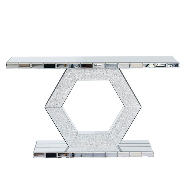 Sparkling Crystal Hexagon Mirror Entryway Premium Modern Foyer Console Table With Diamond Glass Effects, Dual Tier Luxury Sofa Table - Silver Sparkling Crystal Hexagon Mirror Entryway Premium Modern Foyer Console Table With Diamond Glass Effects, Dual Tier Luxury Sofa Table - Silver