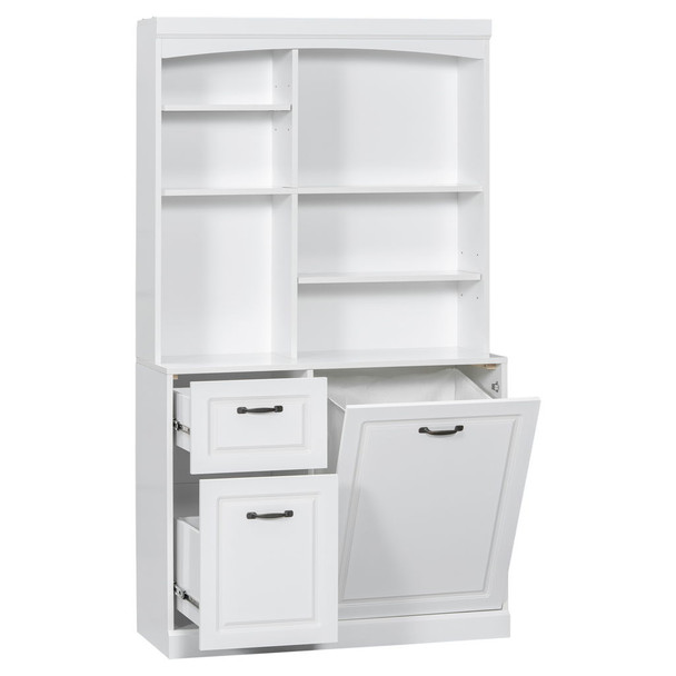 Bathroom Storage Cabinet With Tilt Out Hamper, Tall Free Standing Organizer With Drawers & Adjustable Shelves, Linen Tower With Steel Handles - White