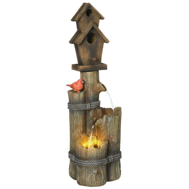 Outsunny - Outdoor Fountain With Birdhouse, Cascading Garden Waterfall Bird Bath With 3 Tier Rustic Tree Trunk / Log Design, LED Lights For Porch, Deck, Yard Decor - Brown Outsunny - Outdoor Fountain With Birdhouse, Cascading Garden Waterfall Bird Bath With 3 Tier Rustic Tree Trunk / Log Design, LED Lights For Porch, Deck, Yard Decor - Brown