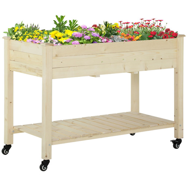 Outsunny - Raised Garden Bed, 47" x 22" x 33", Elevated Wooden Planter Box With Lockable Wheels, Storage Shelf, And Bed Liner For Backyard, Patio - Natural Outsunny - Raised Garden Bed, 47" x 22" x 33", Elevated Wooden Planter Box With Lockable Wheels, Storage Shelf, And Bed Liner For Backyard, Patio - Natural