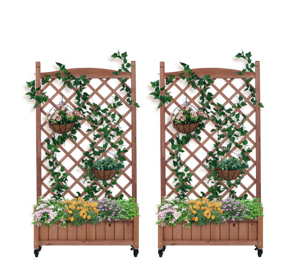 Raised Garden Bed With Trellis 2 Pack, Outdoor Planter Box & Plant Stand With Climbing Racks - Brown Raised Garden Bed With Trellis 2 Pack, Outdoor Planter Box & Plant Stand With Climbing Racks - Brown