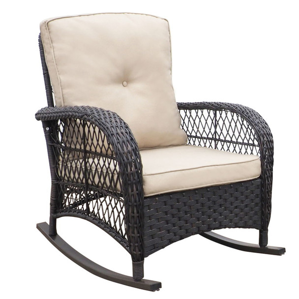 Garden Rocking Chair, Outdoor Rattan Rocker Chair With All-Weather Hand-Woven Resin Wicker, Patio Relaxing Lounge Furniture With Powder-Coated Metal Frame For Backyard, Porch - Brown / Beige Garden Rocking Chair, Outdoor Rattan Rocker Chair With All-Weather Hand-Woven Resin Wicker, Patio Relaxing Lounge Furniture With Powder-Coated Metal Frame For Backyard, Porch - Brown / Beige