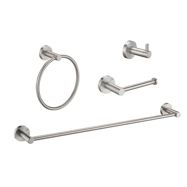 Bathroom Set 4 Pack With Towel Bar Racks, Toilet Paper Holder, Ring, Hook, Stainless Steel - Brushed Nickel