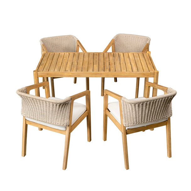 Outdoor Dining Set 1 Table 4 Chairs (Set of 5) - Teak / Beige