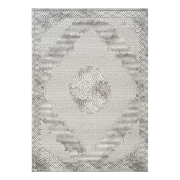 Geometrix - 5'3" X 7'3" Medallion Area Rug With Geometric 3D Effect - Ivory / Gray