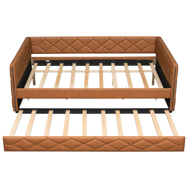 Upholstered Full Long Daybed With Trundle And LED Armrests - Brown