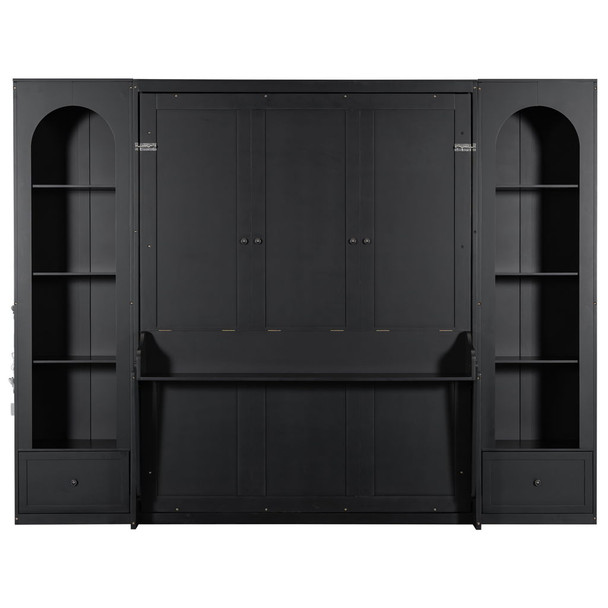 French Style Murphy Platform Bed With Shelf, Side Cabinets, Drawers And LED