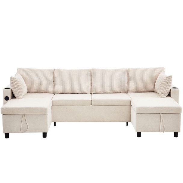 Sectional Sofa Bed With Pull Out Sleeper, USB Ports, Cup Holders