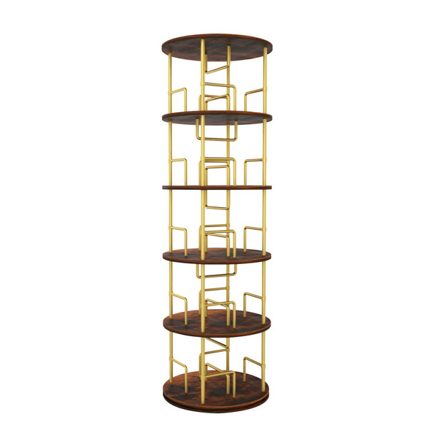 5 Tier 360 Rotating Bookshelf, Display Round Floor Standing Swivel Bookcase For Bedroom - Golden