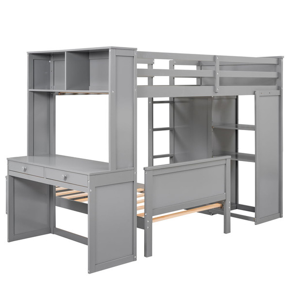 Loft Bed With A Stand Alone Bed, Shelves, Desk, And Wardrobe