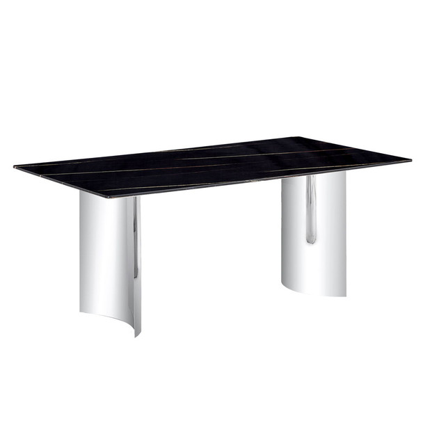 Modern Minimalist Dining Table With Imitation Marble Glass Desktop And Metal Legs