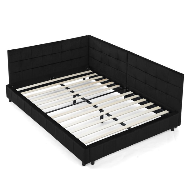 Mid-Century Storage Upholstered Tufted Bed Frame With Backrest And Armrests