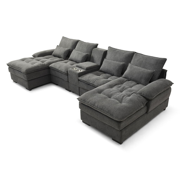 U Shaped Sofa With Console And Cupholders, 6 Seat