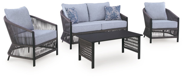 Bridges Beach - Loveseat, Lounge Chairs, Table Set (Set of 4) - Gray