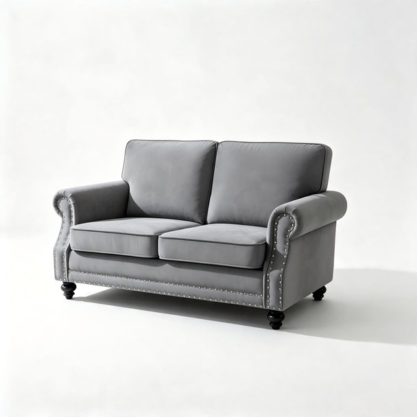 Loveseat Sofa With Nailhead Detail & Turned Legs, 2 Seater Upholstered Couch
