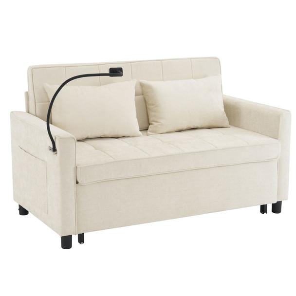 Pull-Out Sleeper Sofa With Reversible Backrest Cushion, Side Pockets, 2 USB Ports And A Phone Holder For Living Room