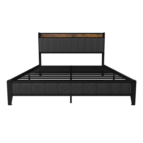 Bed With Charging Station, American Design Upholstered Headboard, Metal Platform